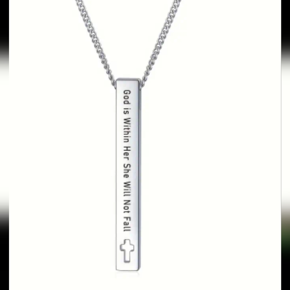 SCRIPTURE Bar NECKLACE God is Withen Her She will Not Fail Stainless Steel 20 In